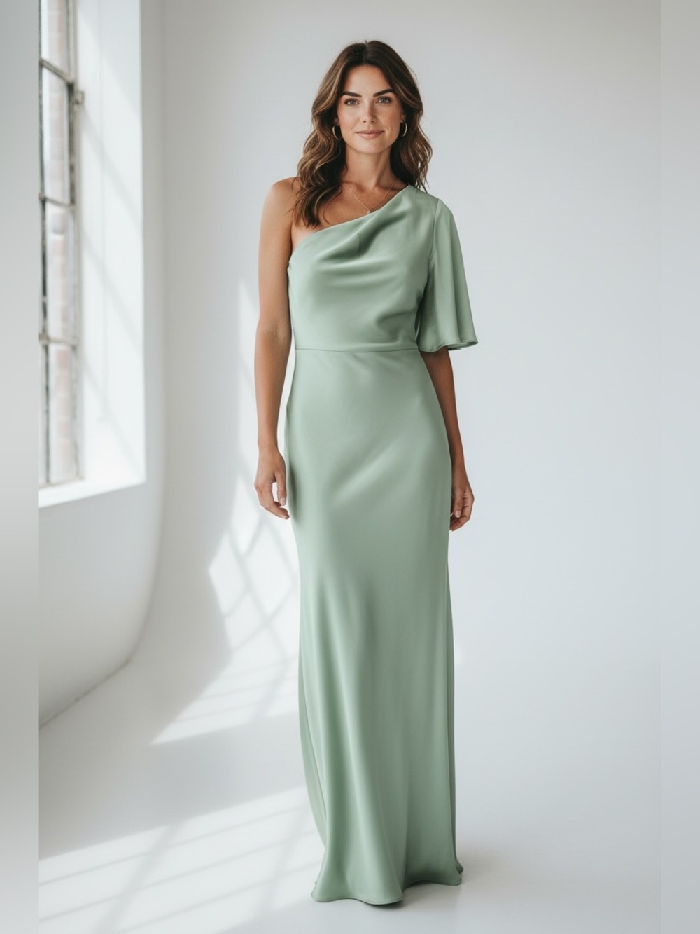 ASOS Design One Shoulder Satin Sage Green Cocktail Midi Dress Size 2 NWT